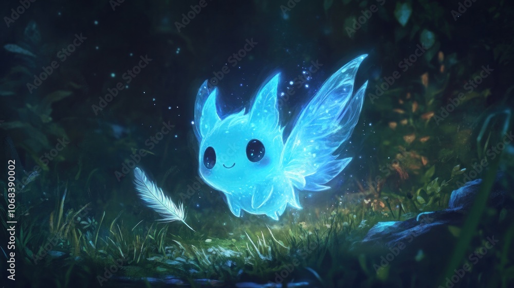 Fototapeta premium Tiny glowing blue being with delicate wings chasing a feather in a gentle breeze.