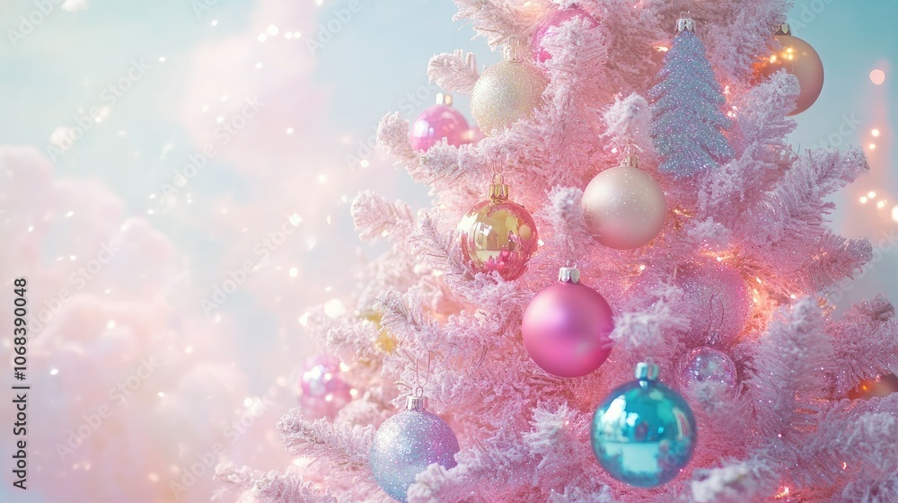 Fototapeta premium Festive Pink Christmas Tree with Colorful Ornaments