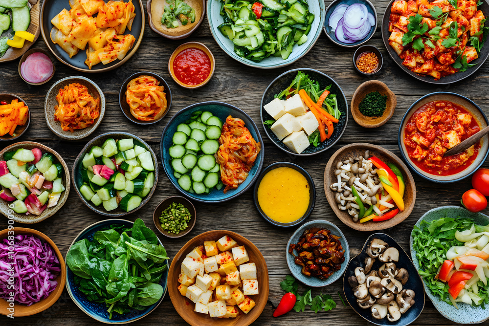Delightful variety of banchan: Korean side dishes on small plates showcasing colorful textures and tastes Delightful variety of banchan: Korean side dishes on small plates showcasing colorful textures and tastes