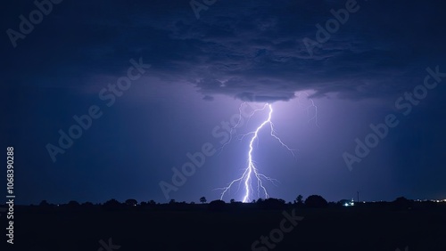 Dramatic Lightning Strikes Down During a Thunderstorm Over a Rural Landscape at Night