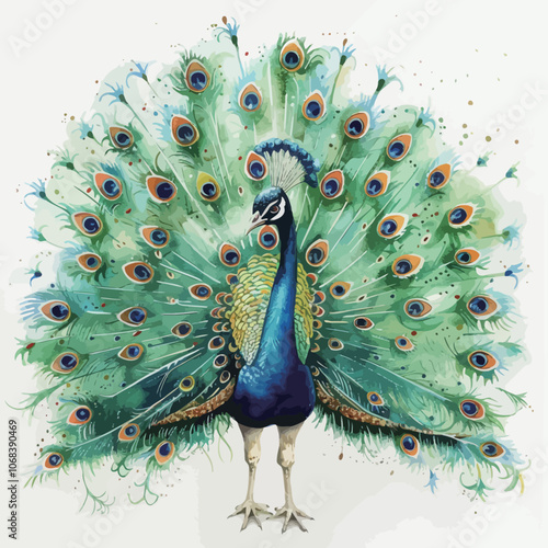 Watercolor peacock isolated on white background. Hand drawn illustration. 