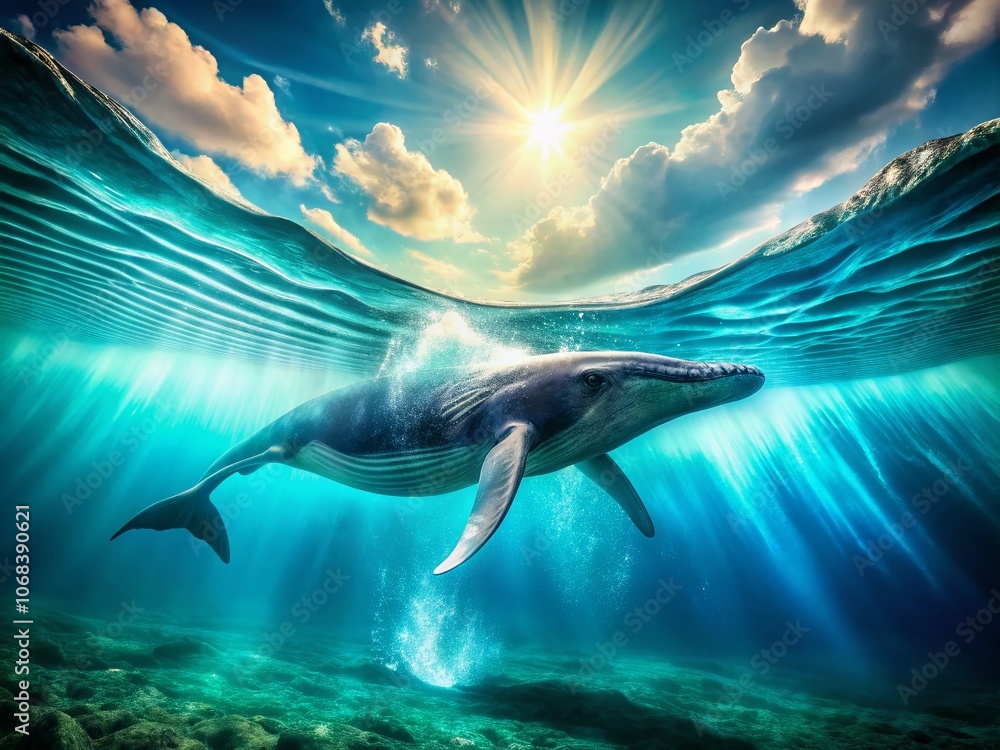 Naklejka premium Majestic Blue Whale Swimming Gracefully in Turquoise Ocean Waves, Perfect for Nature and Marine Life Themes, Emphasizing the Beauty of Underwater World and Conservation Efforts