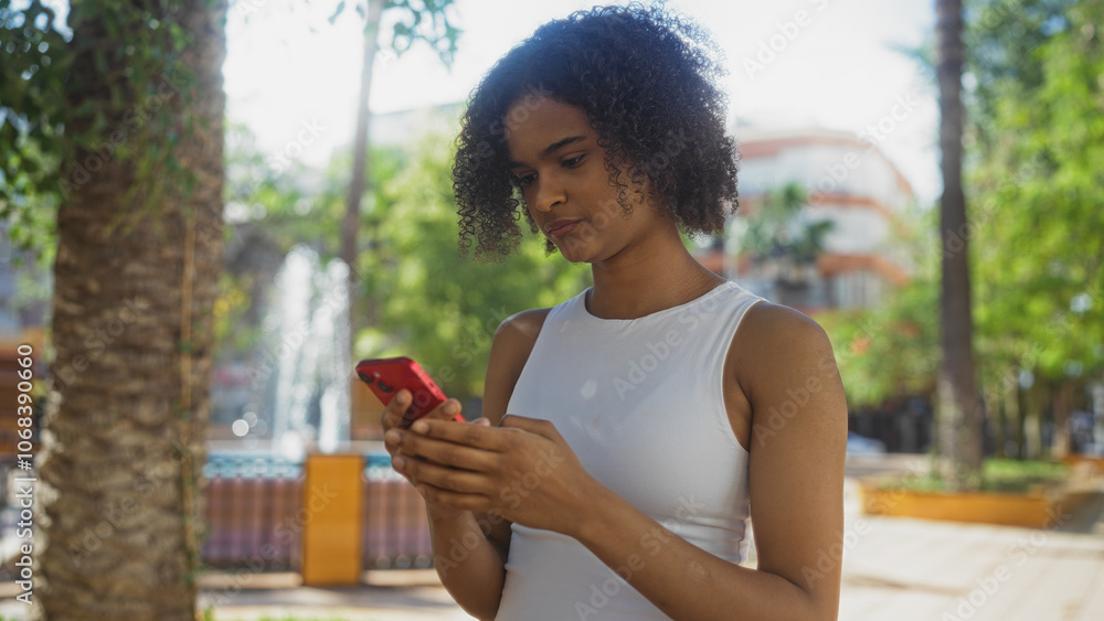 A young african american woman with curly hair stands in an urban park, attentively using her smartphone in the daytime. A young african american woman with curly hair stands in an urban park, attentively using her smartphone in the daytime.