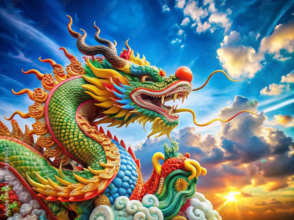 Majestic Chinese Dragon Symbolizing Power and Wisdom in a Vibrant Colorful Design with Room for Text and Copy Space on the Right Side for Use in Cultural or Artistic Contexts Majestic Chinese Dragon Symbolizing Power and Wisdom in a Vibrant Colorful Design with Room for Text and Copy Space on the Right Side for Use in Cultural or Artistic Contexts