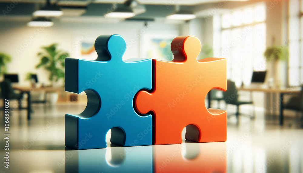 Two large puzzle pieces in contrasting colors are joined together, symbolizing a strong partnership and fitting teamwork