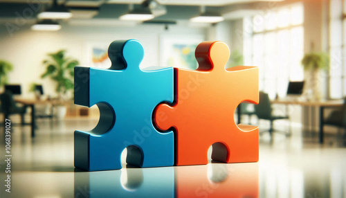Obraz na płótnie Two large puzzle pieces in contrasting colors are joined together, symbolizing a strong partnership and fitting teamwork w salonie