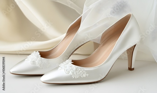  bride's white wedding shoes and veil, Generative AI 