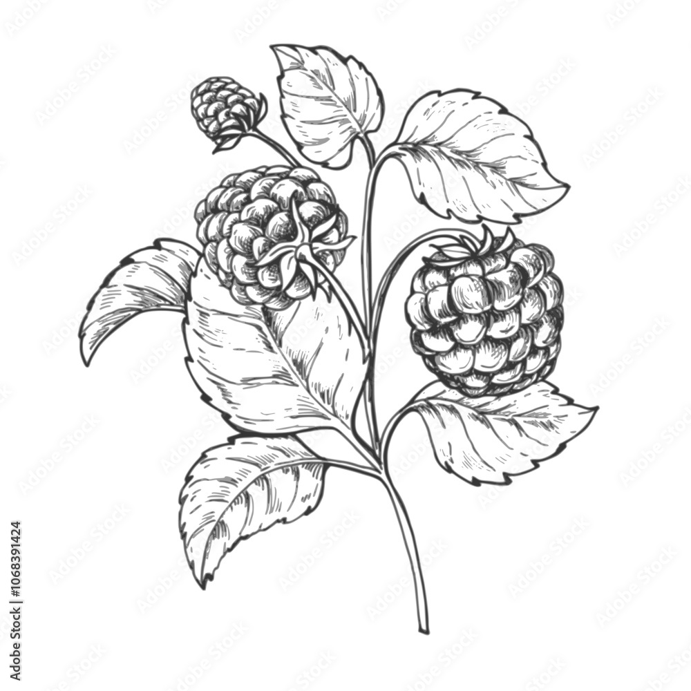 Raspberry ink graphic pear on branch illustration, draft silhouette drawing, black on white line art. Botanical vintage etching food design.