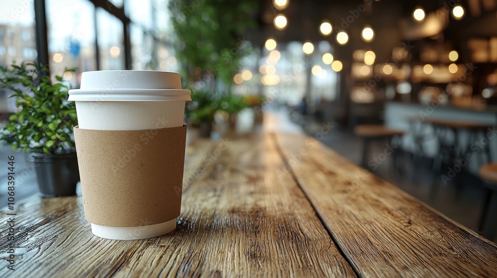 Warm Coffee Cup on Rustic Wooden Table in Cozy Cafe Warm Coffee Cup on Rustic Wooden Table in Cozy Cafe