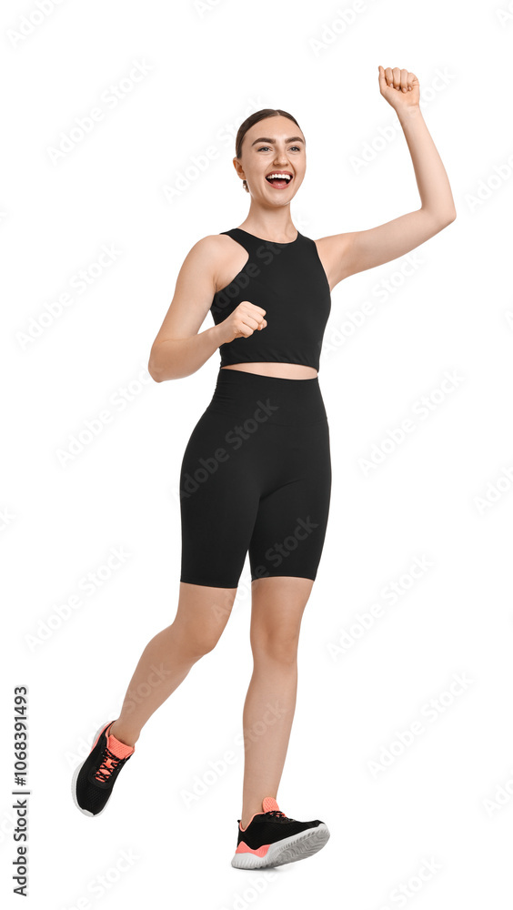 Beautiful woman in sportswear running on white background Beautiful woman in sportswear running on white background