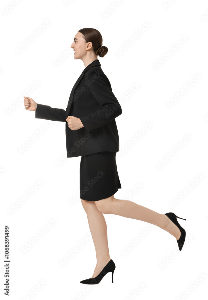 Young businesswoman in suit running on white background Young businesswoman in suit running on white background