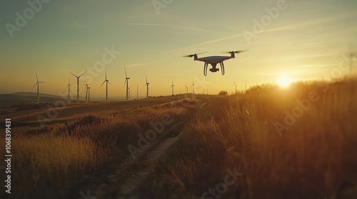 Drone flies over wind turbines at sunset. This photo can be used for projects related to technology, environment, and renewable energy. photo