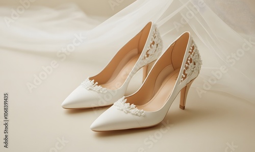  bride's white wedding shoes and veil, Generative AI 