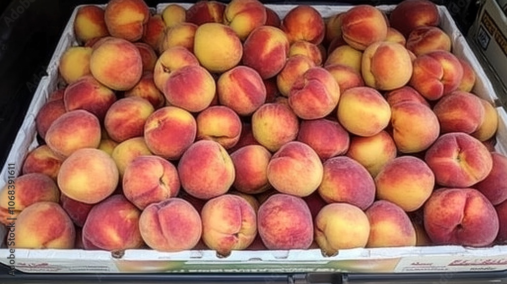 A crate filled with fresh, ripe peaches arranged neatly for sale. A crate filled with fresh, ripe peaches arranged neatly for sale.