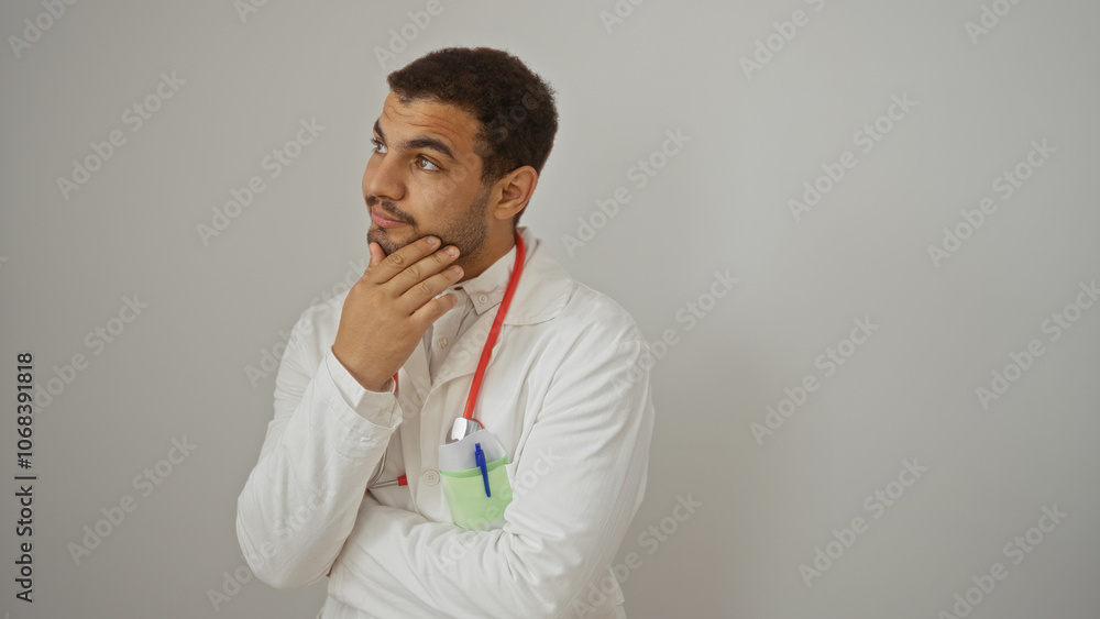 Young hispanic man in medical coat and stethoscope thinking over isolated white background Young hispanic man in medical coat and stethoscope thinking over isolated white background