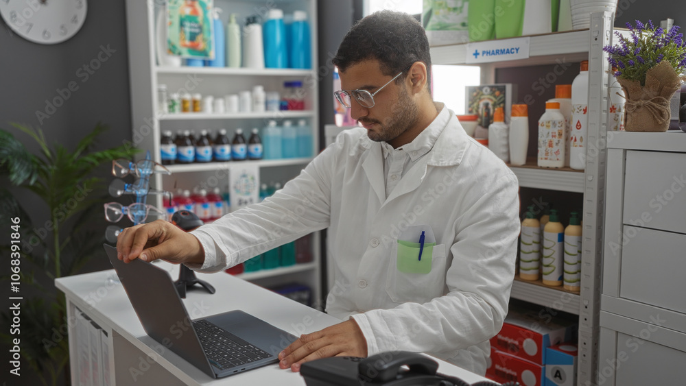 Young hispanic man working in a pharmacy shop indoors, wearing a white coat and glasses, with shelves of medicines and products in the background Young hispanic man working in a pharmacy shop indoors, wearing a white coat and glasses, with shelves of medicines and products in the background