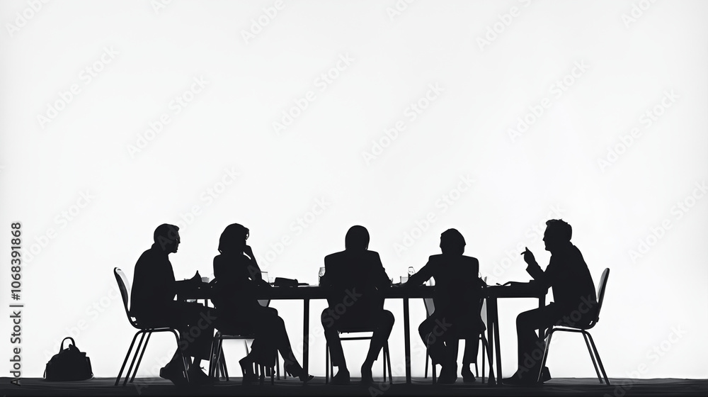 Group of business people having round table discussion. Board of directors corporate structure governance. Business people meeting discussion silhouette isolated on white background Group of business people having round table discussion. Board of directors corporate structure governance. Business people meeting discussion silhouette isolated on white background