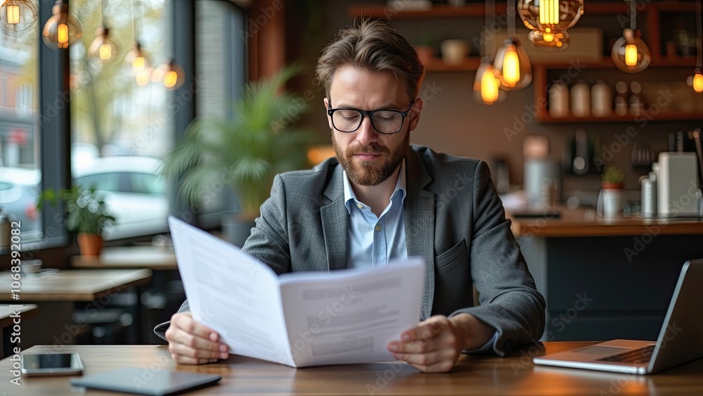 Obraz premium Professional Man Reviewing Documents in a Coffee Shop During the Day, Showcasing Focused Work and a Cozy Atmosphere
