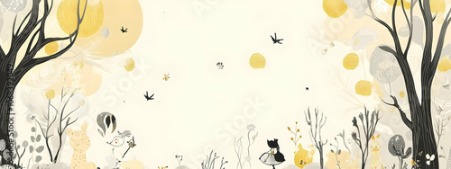 Educational materials background featuring whimsical illustrations in soft yellow and gray, creating a playful learning environment for children’s content photo