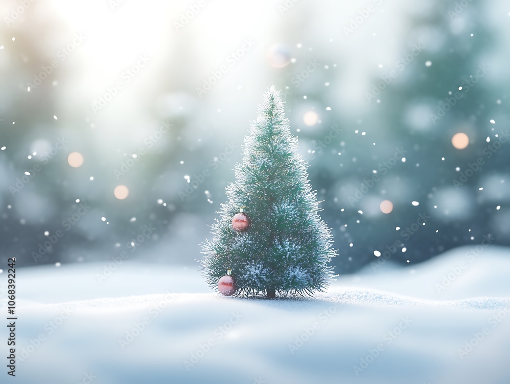 A Small Decorated Christmas Tree in a Snowy Forest A Small Decorated Christmas Tree in a Snowy Forest
