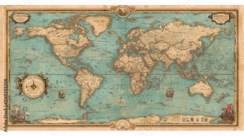 Fototapeta Naklejka Na Ścianę i Meble -  Discover the joyful monkey in a decorative vintage map of the world with gigapixel text shapes for exploration enthusiasts