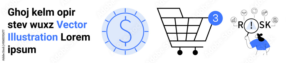 Shopping cart with notification, currency symbol with clock, and person overwhelmed by risks. Ideal for e-commerce, online shopping, finance, time management, notifications, risk management Shopping cart with notification, currency symbol with clock, and person overwhelmed by risks. Ideal for e-commerce, online shopping, finance, time management, notifications, risk management