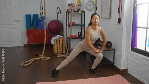 Young chinese woman doing stretching exercises in a well-equipped gymnasium, surrounded by fitness equipment, ropes, and weights, maintaining focus and balance for her workout routine.