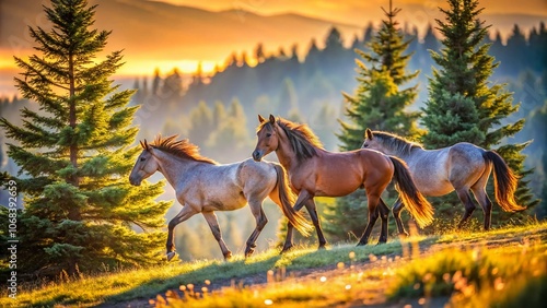 Majestic Roan Wild Horses on Sykes Ridge in the Pryor Mountains, Montana – A Stunning Bokeh Effect Capturing Nature's Beauty and Wild Spirit photo