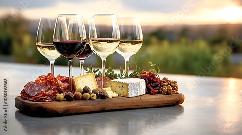 A well curated wine tasting setup typically includes a variety of wine glasses, ranging from stemmed to stemless, to accommodate different varietals photo