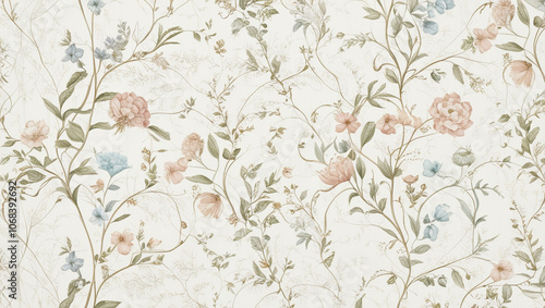 wallpaper with a flower and plant theme with a cream colored background