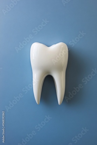 This display features a dental implant model, illustrating its shape and design against a calming blue backdrop, emphasizing oral health advancements