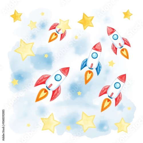 Cute cartoon rockets, yellow stars, blue sky background, childlike drawing style, soft pastel colors, whimsical space theme, simple shapes, playful illustration, nursery art, dreamy atmosphere, hand-d