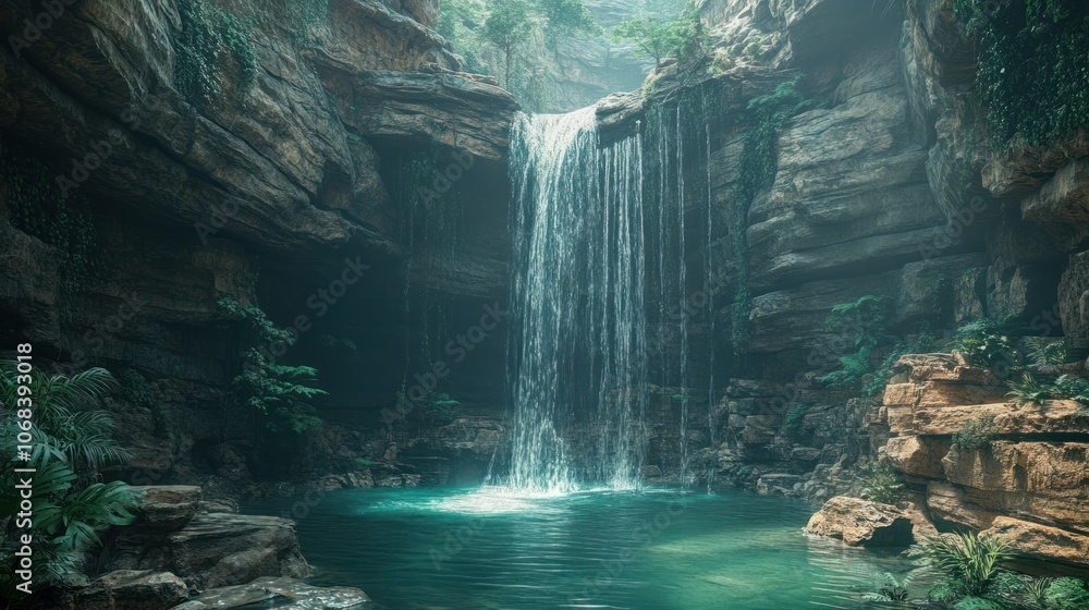 A cybernetic waterfall, where water cascades in streams of flowing code, merging with the natural rocks and foliage below. A cybernetic waterfall, where water cascades in streams of flowing code, merging with the natural rocks and foliage below.