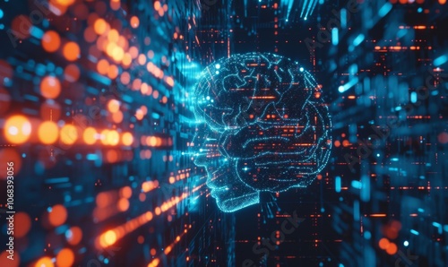 Artificial intelligence AI in Healthcare. AI role in neurology and mental health. Human brain illuminated by AI algorithms, with digital neural networks and code