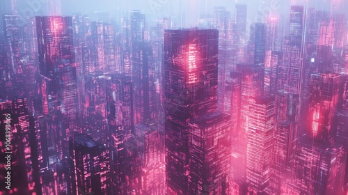 A cyberpunk-inspired dystopian city. A cityscape of densely-built buildings. Holographic advertising