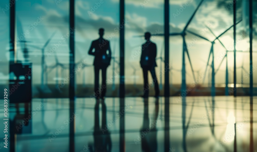 Investors and technician who are out of focus in the foreground are standing in talks about wind turbine power generation, Wind turbine farm is an alternative electricity source for business esg ideas Investors and technician who are out of focus in the foreground are standing in talks about wind turbine power generation, Wind turbine farm is an alternative electricity source for business esg ideas