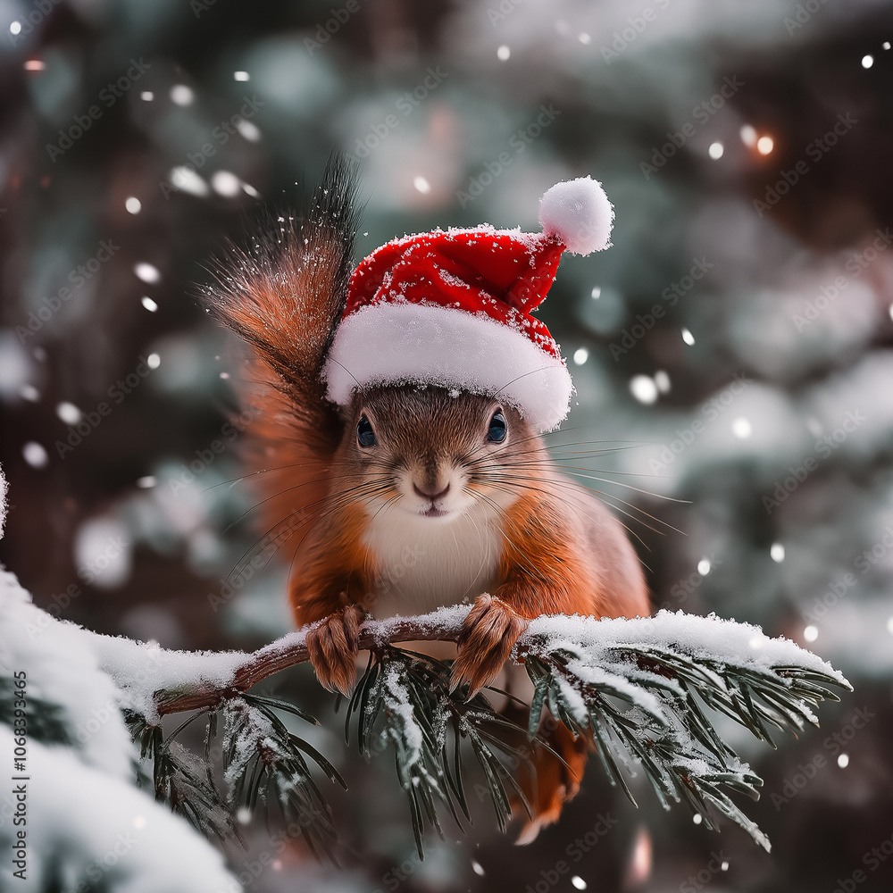 Cute Red Squirrel in Santa Hat on Snowy Branch - Christmas Holiday Card Cute Red Squirrel in Santa Hat on Snowy Branch - Christmas Holiday Card