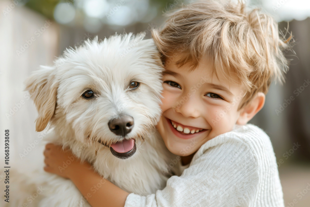 A joyful child embraces a fluffy dog, showcasing the bond of friendship and happiness in a warm outdoor setting. A joyful child embraces a fluffy dog, showcasing the bond of friendship and happiness in a warm outdoor setting.