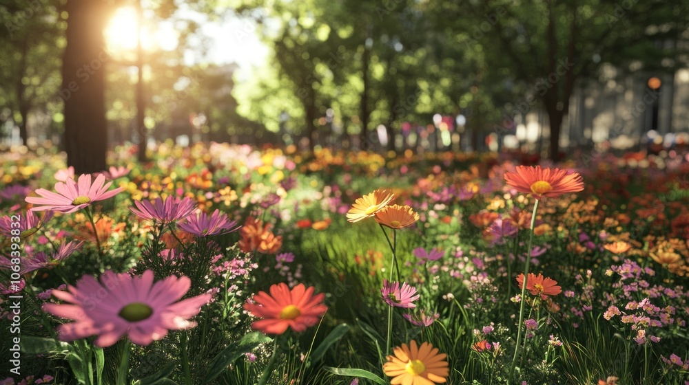 A field of flowers with AR projections showing the seasonal changes and environmental data, enriching the connection between nature and technology. A field of flowers with AR projections showing the seasonal changes and environmental data, enriching the connection between nature and technology.