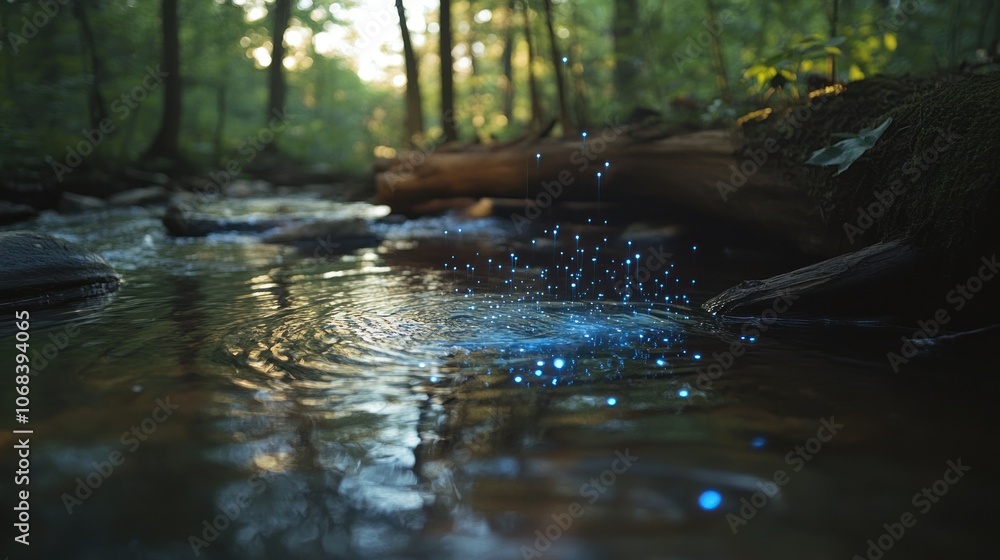 A flowing river with AI-generated holographic data points emerging from the water, highlighting the harmony between nature and AI. A flowing river with AI-generated holographic data points emerging from the water, highlighting the harmony between nature and AI.