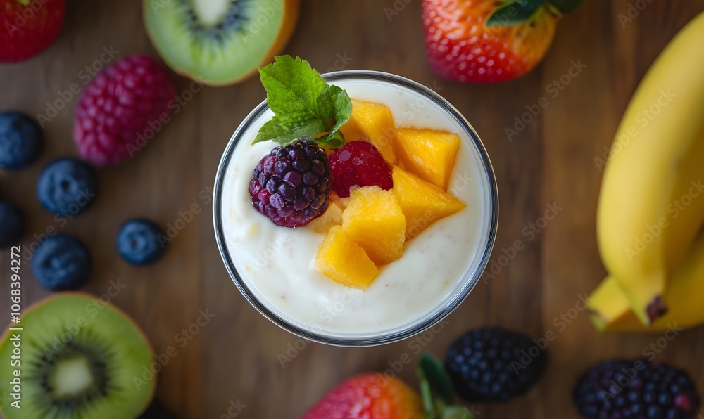 A glass of yogurt with fruit on top, Generative AI A glass of yogurt with fruit on top, Generative AI
