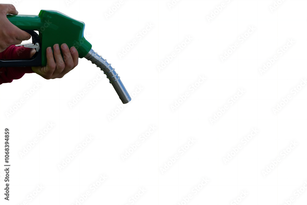 Gas station attendant holding fuel pump nozzle on white background