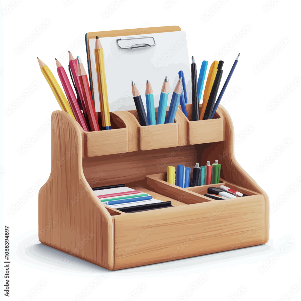 Wooden office drawer with pencils isolated on a white background. Wooden office drawer with pencils isolated on a white background.