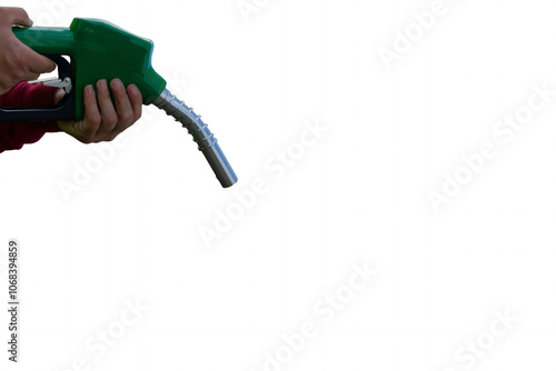 Obraz na płótnie Gas station attendant holding fuel pump nozzle on white background w salonie