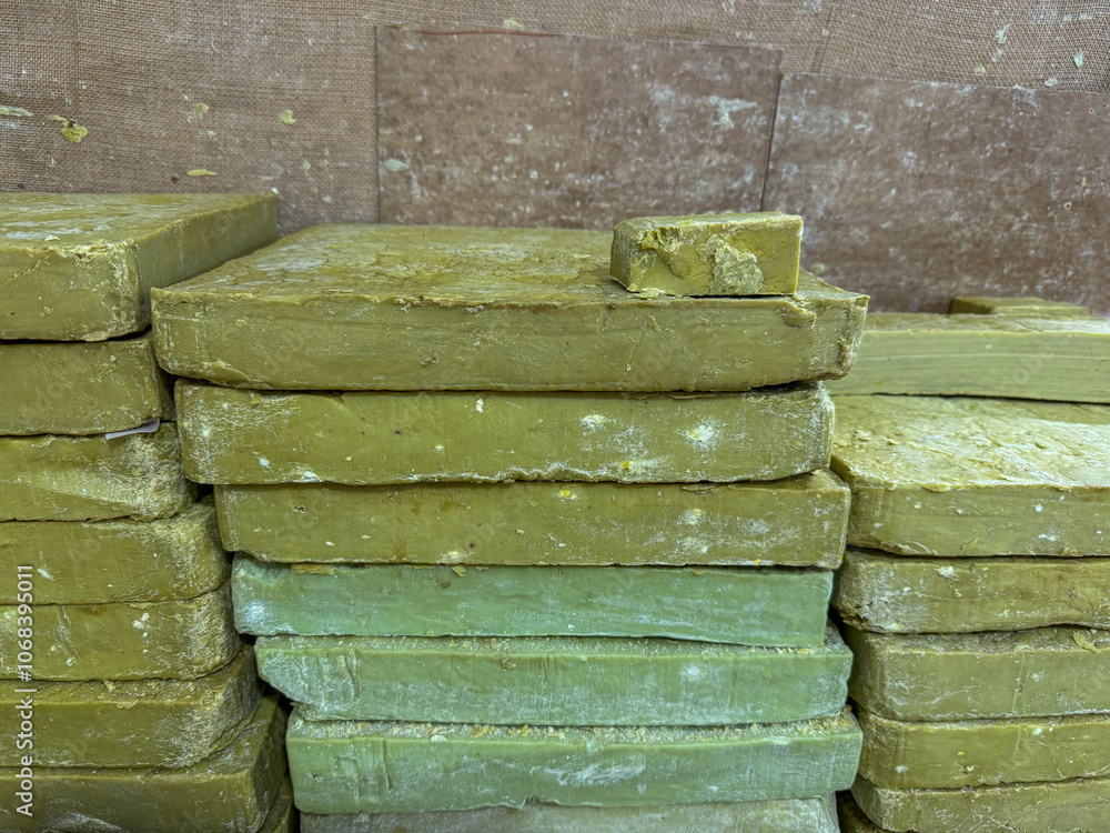 Bıttım soap is obtained from special wild pistachio and terebinth oil. Bare soaps in the form of molds that have not yet been cut.