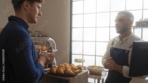 Fotografija Men conversing inside a bakery room with various pastries displayed, featuring h