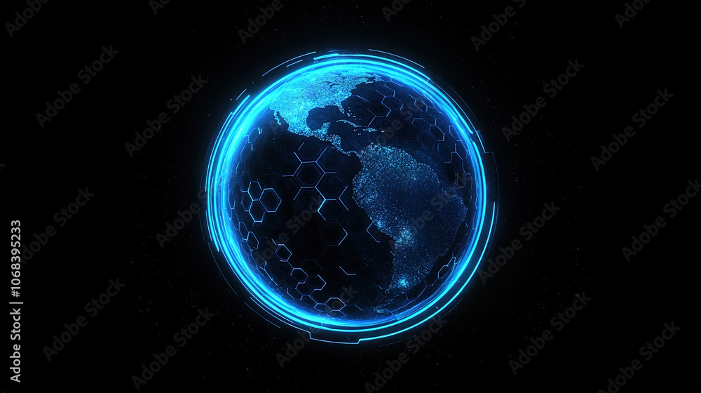 Naklejka premium Global network and connectivity concept. Abstract blue planet Earth with digital connection lines. Technology background. Technology digital world. Internet worldwide web. Futuristic technology