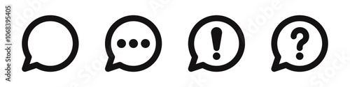 Message icons set. Exclamation, question, speech bubble, social media message, online communication, comment symbol. Vector illustration