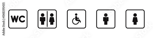 Restroom door pictograms. Woman and man public toilet vector signs, female and male symbols, black ladies and gentlemen wc restroom ui. Vector illustration.