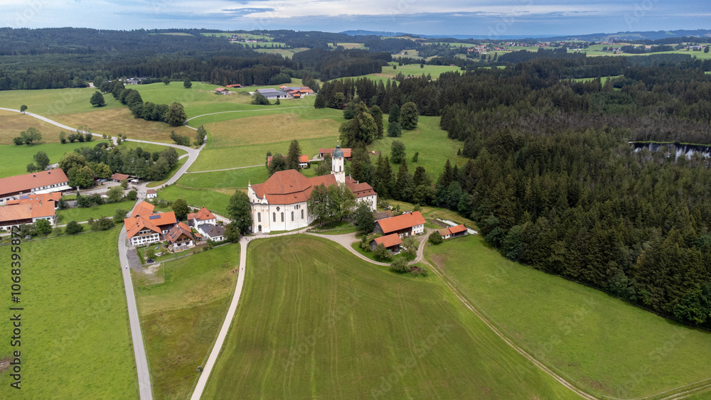 Aerial drone shot of the famous old Wieskirche church near Steingaden, Bavaria Aerial drone shot of the famous old Wieskirche church near Steingaden, Bavaria
